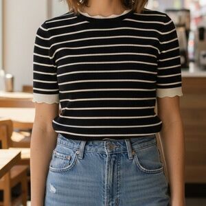 G Greige Black & Cream Striped Short Sleeve Ribbed Knit Sweater Top